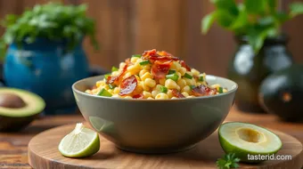 Mixing Corn Avocado Salad with Tangy Bacon