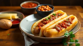 Simmered Beef Hot Dogs with Spicy Chili