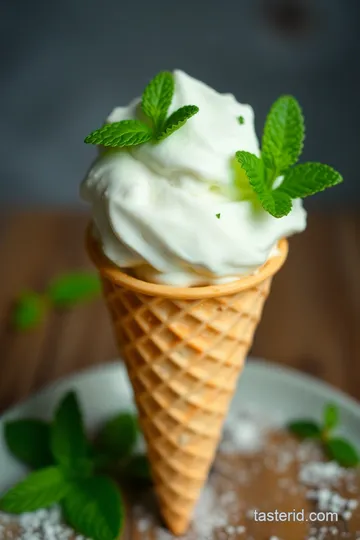 Classic Mint Ice Cream Cone with Chocolate Drizzle presentation